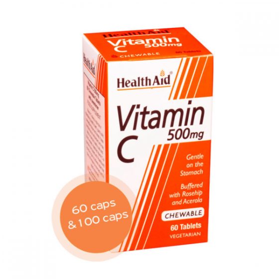 Health Aid Vitamin C 500mg Chewable 60 tabs Μασώμενες ταμπλέτες βιταμίνης C με Αγριοτριανταφυλλιά & Ασερόλα.