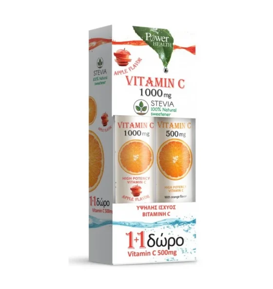 Power Health Vitamin C 1000mg Apple με Γλυκαντικό από Στέβια 24αναβρ.δισκία + Δώρο Vitamin C 500mg 20αναβρ.δισκία