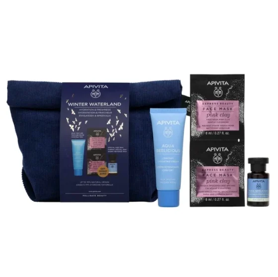 Apivita Set Winter Waterland Aqua Beelicious Comfort Hydrating Cream Rich 40ml & Toner 20ml & Express Face Mask Pink Clay 2x8ml